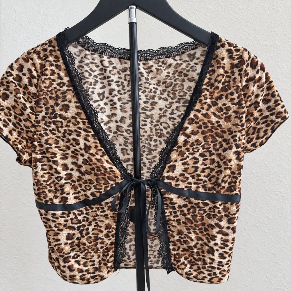 Y2K Leopard Print Lace Tie Front Top